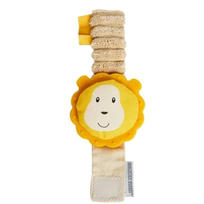 Abbildung von Matchstick Monkey Beißring, Beißspielzeug/Zahnungshilfe für das Handgelenk mit Klettverschluss/Hand Beißring/Kauspielzeug/mit weichem Cord Plüschband und kaubaren Silikonmähne/Ludo Löwe