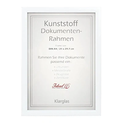 Abbildung von Ideal Dokument Bilderrahmen 21x29,7 DIN A4 Urkunde Meisterbrief Zeugniss Zertifikate: Farbe: Weiß o. Aufsteller 3 Glas