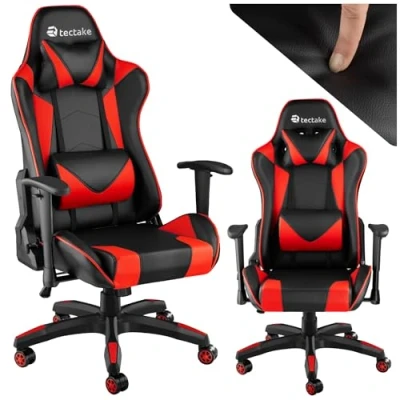 Abbildung von tectake Gaming Stuhl, Bürostuhl ergonomisch, Computerstuhl mit hoher Rückenlehne, Sessel, PC inkl. Lordosenstütze und Nackenkissen, Racing Stil schwarz/rot