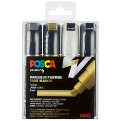 Abbildung von Posca PC8K Broad Tip Pen Gold, Silber, Schwarz und Weiß, 4 Stück