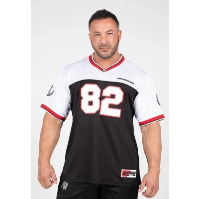 Abbildung von Gorilla Wear Trenton Football Jersey V Ausschnitt Bodybuilding Polyester (DE/NL/SE/PL, Alphanumerisch, M, Regular, Schwarz/Weiß)
