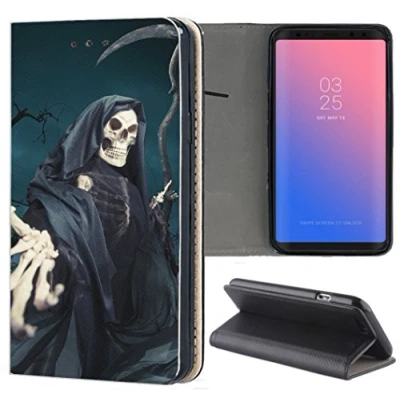 Abbildung von KX Mobile Samsung Galaxy A20e Hülle Handyhülle für Handycover aus Kunstleder Motiv 1332 Sensenmann Totenkopf Skull Bones Schutzhülle Smart Klapphülle Case