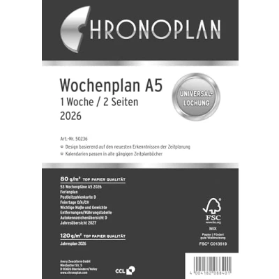 Abbildung von Chronoplan 50236 Kalendereinlage 2026 (Wochenplan A5 (148x210mm) Ersatzkalendarium für Terminplaner, ideal detaillierte Wochenplanung, 1 Woche auf 2 Seiten in Spalten, mit Universallochung) weiß
