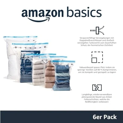 Abbildung von Amazon Basics Vakuumbeutel für Kleidung mit Luftdichtem Ventil und Handpumpe Jumbo, 6er Pack, Reißverschluss, Durchsichtig