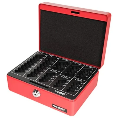 Abbildung von HMF Geldkassette Abschließbare Bargeldkasse mit Euro Münzbrett, Geldbox Schlüssel, 20 x16 x 9 cm, rot