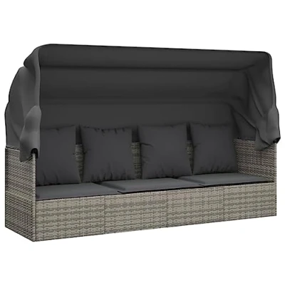 Abbildung von vidaXL Gartenliege, Outdoor Loungebett mit Dach und Kissen Grau Poly Rattan