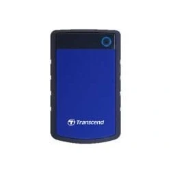 Abbildung von Transcend TS4TSJ25H3B 4TB portable Festplatte (HDD) in grau/blau mit Backup Funktion (Datensicherung per Knopfdruck) und Schutzhülle, stoßfest, robust Plug Play