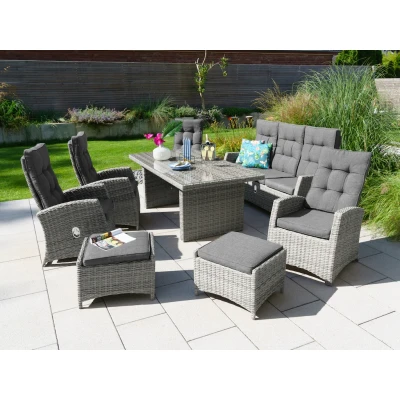 Abbildung von KONIFERA Garten Essgruppe &quot;Monaco&quot;, (Set, 24 tlg., 4x Sessel, 1x 3er Sofa, 2x Hocker, Tisch 200x100x75cm), Polyrattan, Aluminium, mit verstellbaren Rückenlehnen, inkl. Auflagen