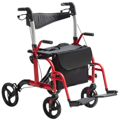 Abbildung von VEVOR 2 in 1 Rollator und Transportstuhl für Senioren, zusammenklappbare Rollstuhl Kombination Fußstützen, leichter Aluminium mit verstellbarem Griff, All Terrain Räder, 136 kg