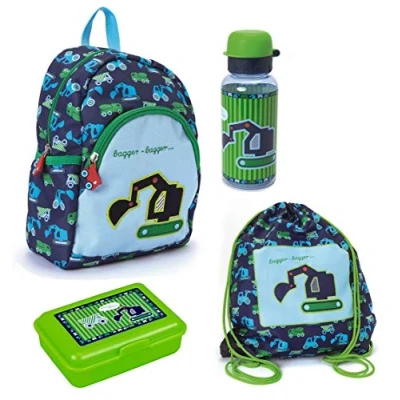Abbildung von COPPENRATH DIE SPIEGELBURG Kinderrucksack Kleine Freunde Bagger (Set, 4 tlg. inkl. Turnbeutel, Brotdose und Trinkflasche), Rucksack für Jungen in Blau Grün mit Baustellenfahrzeuge