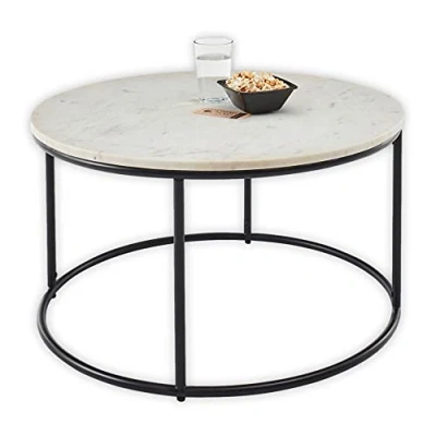 Abbildung von Stella Trading BELFORT Couchtisch Marmor rund weiß mit schwarzem Metallgestell Stilvoller Wohnzimmertisch hochwertiger Marmorplatte 80 x 46 cm (B/H/T)