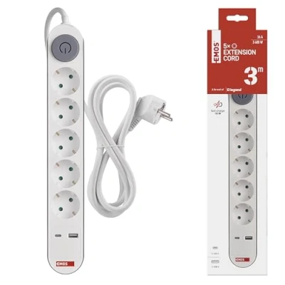 Abbildung von EMOS Steckdosenleiste 5 Fach mit USB Fast Charge Laden, Mehrfachsteckdose Schalter für Innenbereich, Wandmontage tauglich, 5X Steckdose, 1x C, A, 3m Kabel, weiß grau