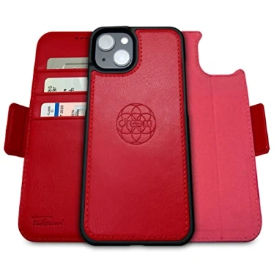 Abbildung von Dreem Fibonacci kompatibel mit iPhone 14 Plus Brieftaschen Etui / 2 in 1 stoßfestes und abnehmbares Folio aus veganem Leder, MagSafe kompatibel, RFID Schutz [Rot]