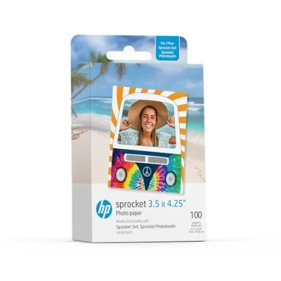 Abbildung von HP Sprocket 3,5 x 4,25 Zoll Zink Fotopapier mit selbstklebender Rückseite (100er Packung), kompatibel 3x4 Photobooth und Fotodrucker