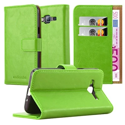 Abbildung von Cadorabo Hülle kompatibel mit Samsung Galaxy J3 2016 aus Premium Kunst Leder Flip Klappbare Stoßfeste Magnetische [Standfunktion] [Kartenfächern] Cover für Tasche in Grün