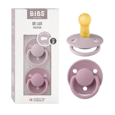 Abbildung von BIBS De Lux Schnuller 2er Pack, BPA frei, Kirschform Nippel. Naturkautschuk/Latex, Hergestellt in Dänemark. 6 18 Monate (2er Pack), Dusky Lilac/Heather