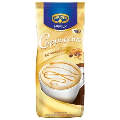 Abbildung von KRÜGER Family Cappuccino Sahne Caramel, aromatisiertes Getränkepulver mit löslichem Bohnenkaffee, koffeinhaltig, 500 g Beutel