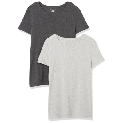 Abbildung von Amazon Essentials Damen Kurzärmeliges T Shirt mit Rundhalsausschnitt, Klassischer Schnitt, 2er Pack, Dunkelgrau Meliert/Hellgrau Meliert, XS