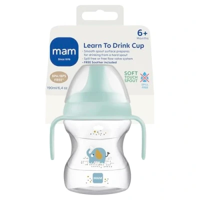 Abbildung von MAM Learn to Drink Cup, Bottle Handles and Soother, 6+ Months Baby Cup with Removable Handles, Feeding Accessories, 190 ml, Blue (Designs May Vary)