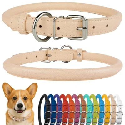 Abbildung von CollarDirect Rundes Leder Hundehalsband, weich gepolstert gerollt, handgefertigtes Echtleder Halsband für Hund Welpe Katze Klein Groß Schwarz Rosa Rot Lila Blau