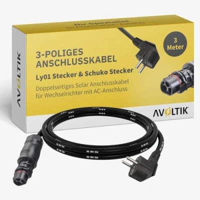 Abbildung von Avoltik 3 poliges Wechselrichter Anschlusskabel 3m I Robustes Kabel mit Ly01 Stecker &amp; Schuko doppelseitiges Solar für AC Anschluss Buchse