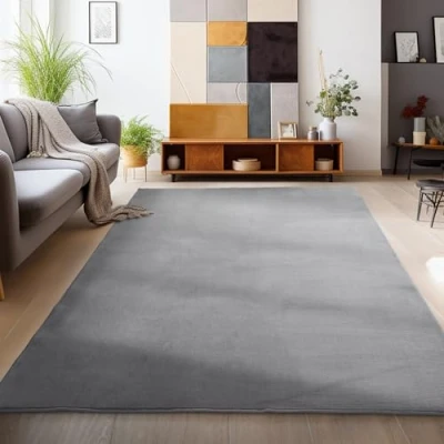Abbildung von HomebyHome Kurzflor Teppich Wohnzimmer 240 x 340 cm Grau Waschbarer für Schlafzimmer, Esszimmer und Ideal als Küchenteppich Flauschiger Extra Weich, Einfarbig, rutschfest, Modern
