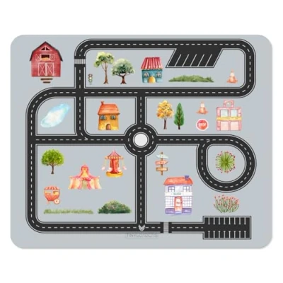 Abbildung von TINYLOADERS Hochwertige Bodenmatte zur Unterlege Hochstuhl Kinderstuhl Kinder Spielmatte Spritzmatte Kunst waschbare Entwöhnungsmatte wasserdichter Rutschfester Bodenschutz 110 x 95 cm Straßenmuster