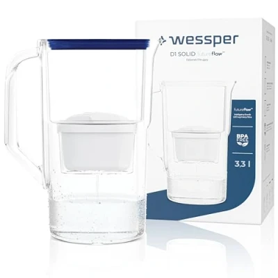 Abbildung von Wessper Wasserfilter Kanne 3,3 liter, mit LED Zählwerk, Wasser Karaffe Filter, Aktivkohle Kartusche Reduziert Kalk und Chlor, BPA Free Filterkanne Blau
