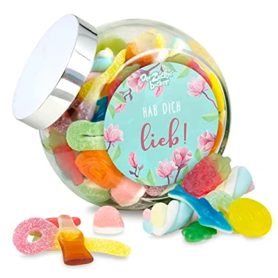 Abbildung von Der Zuckerbäcker Schräghalsglas Hab Dich Lieb süßer Nasch Mix aus Fruchtgummi und Marshmallow, romantisches Geschenk für Freund oder Freundin zum Jahrestag Valentinstag