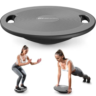 Abbildung von Hop Sport Balance Board aus Kunststoff 150 kg Belastbarkeit, rutschfestes Wackelbrett mit Griffen, Gleichgewichtstrainer für Physiotherapie, ø 40 cm grau