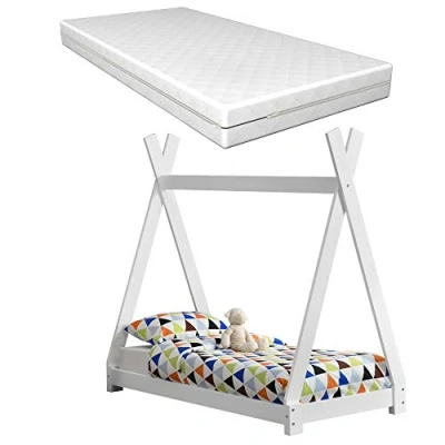 Abbildung von [en.casa] Kinderbett Weiß mit Matratze 70x140cm Tipi Design Kiefernholz Bett Holzbett Hausbett Kaltschaummatratze Öko Tex Standard 100 Allergikergeeignet Atmungsaktiv