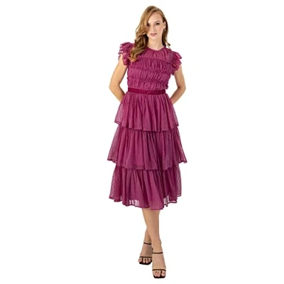Abbildung von Womens Pink Midi Dress for Ladies Sleeveless Short Sleeve with Frilly Tiered Ruffle Wedding Guest Prom Evening Gown Size 48