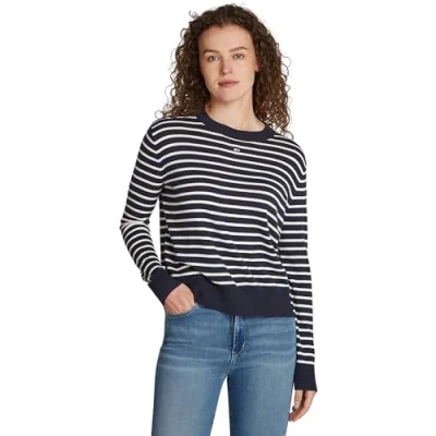 Abbildung von Tommy Jeans Essential CREW NECK Strickpullover, Damen, Größe: XL, Navy/white stripe