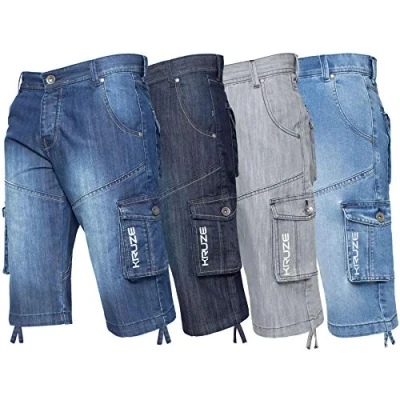 Abbildung von Ze ENZO Cargo Kampfshorts für Herren, strapazierfähig, Denim, halbe Hose, Big King All Waists, Light Stone Wash, 34W