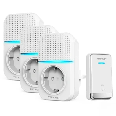 Abbildung von TECKNET Kabellose Türklingel Batterielose, Steckdosen Funkklingel Wasserdicht Drahtloses Funk mit 3 EU Steckdose und 1 Sender, 400m, 60 Laute Melodien, 5 Lautstärke Stufen, LED Blinken