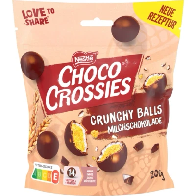 Abbildung von Nestlé CHOCO CROSSIES Crunchy Balls Vollmilch, Knusper Kugeln aus krossen Weizencerealien, umhüllt mit zartschmelzender Vollmilchschokolade, 14er Pack (14 x 200g)