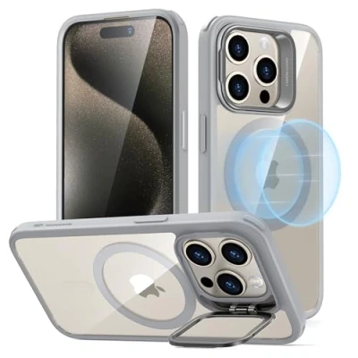 Abbildung von ESR für iPhone 15 Pro Hülle, Kompatibel mit MagSafe, Militärnorm Schutzhülle, integrierter Versteck Ständer Handy Case, Kratzfeste Rückseite, Classic Serie, Klares Grau
