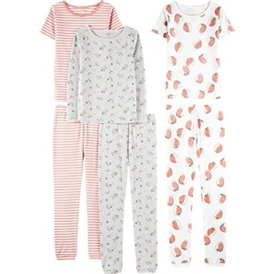 Abbildung von Simple Joys by Carter&#039;s Mädchen 6 Piece Snug Fit Cotton Pajama Set Pyjamaset, Grau Floral/Rosa Streifen/Weiß Erdbeere, Jahre (3er Pack)