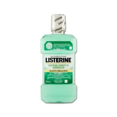 Abbildung von Listerine, Mundwasser, Zähne und Zahnfleisch, zarter Geschmack, kein Alkohol, dreifache Wirkung, stärkere Zähne, gesünderes sanfte Minze, 500 ml