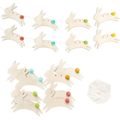Abbildung von Papierdrachen Wandgirlande Ostern hölzerne Osterdekoration schlicht und nachthaltig buntes Osterfest mit Pompoms Set 1