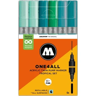 Abbildung von Molotow One4All Acrylic Twin Marker Tropical Set (1,5 und 4,0 mm Strichstärke, hochdeckend permanent, schnell trocknend, nachfüllbar, für fast alle Untergründe) 6 Stück sortiert