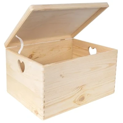 Abbildung von Creative Deco Aufbewahrungsbox Holzkiste mit Deckel Erinnerungsbox Holzbox, herzförmige Griffe
