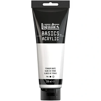 Abbildung von Liquitex 88700229 Basics Acrylfarbe, monopigmentierte Künstlerpigmente, lichtecht, mittlere Viskosität, Archivqualität, seidenglänzender Finish, 250ml Tube Titanweiß