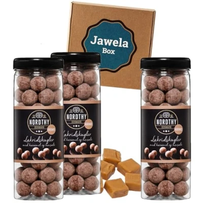 Abbildung von Nordthy Schokoladen Lakritzkugeln Salz Karamell 3 x 300g Jawela Box Gourmet Lakritz Kugeln Geschenk