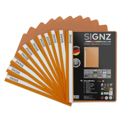 Abbildung von SIGNZ Schnellhefter DIN A4, stabil, 11 Stück, orange, transparenter Deckel, CO2 neutral hergestellt, aus recycelbarem Kunststoff (PP), FSC Mix 70%, made in Germany