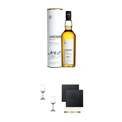 Abbildung von AnCnoc 12 Jahre Single Malt Whisky 0,7 Liter + Nosing Gläser Kelchglas Bugatti mit Eichstrich 2cl und 4cl 2 Stück Schiefer Glasuntersetzer eckig ca. 9,5 cm Ø