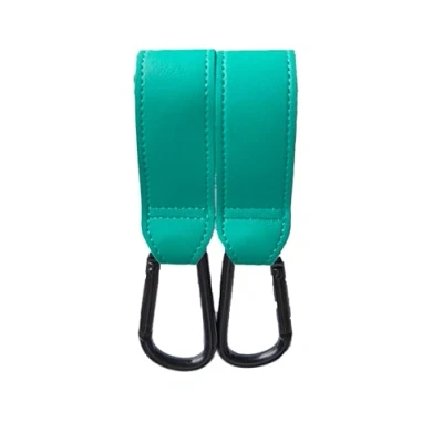 Abbildung von Shabany® Haken 2 Stück universelle Passform Halterung Universalhaken Kinderwagenhaken Taschenhaken verstellbar robust Klettverschluss Taschenhalter Karabinerhaken türkis
