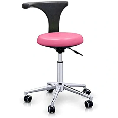 Abbildung von QUIRUMED Hocker mit professioneller ergonomischer Rückenlehne, rosa Farbe, Edelstahlstruktur, Kunstleder, Basis Rädern, höhenverstellbarer Sitz, bis zu 120 kg