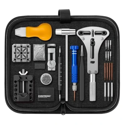 Abbildung von 【Upgrade 2025】Eventronic Uhrenwerkzeug Set, Uhr Batteriewechsel Werkzeug Uhren Reparatur, Uhrmacherwerkzeug set mit Uhrenoffner öffner, Schraubendreh, Federstegwerkzeug, Schwarze Nylontasche