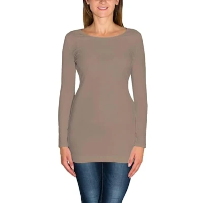 Abbildung von Alkato Damen Langarm Longshirt Langarmshirt Tunika Basic Shirt, Farbe: Beige Latte, Größe: S
